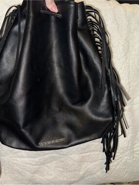 Victoria's Secret Black Leather Fringe Drawstring Shoulder Bag